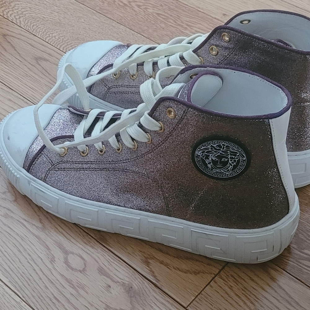 Versace Glitter High-Top Sneakers in Metallic Pink/Purple